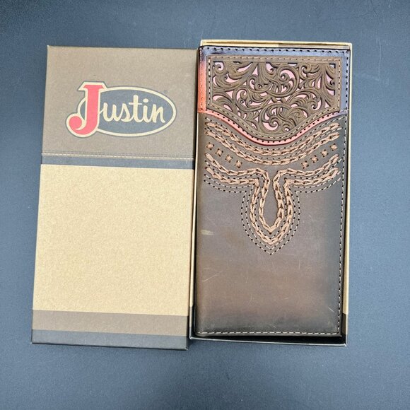 Justin Boots Genuine Leather Tooled Western Stitch Rodeo Wallet - Picture 1 of 5